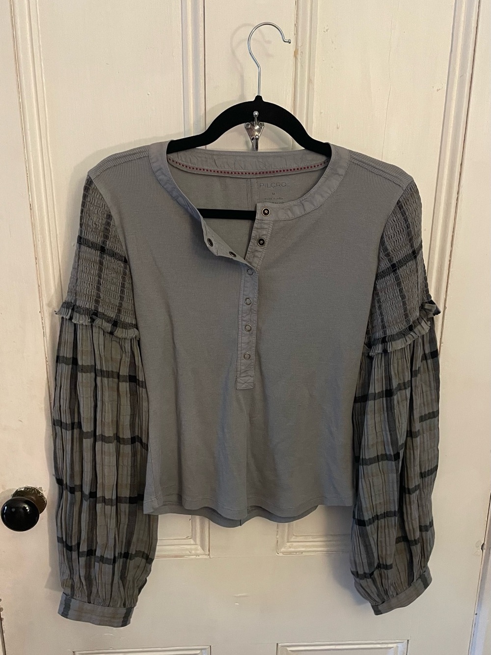 Anthropologie Pilcro Andie Henley Top M | Plaid Mixed Media Balloon Sleeve Boho